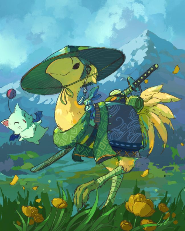 Fanart based on Final Fantasy 14. It shows a yellow chocobo dressed in a pointed hat and draped in patterned fabrics. They also have a sword strapped to their back and wraps around their legs. They are walking through a field with a mountain in the background. A small white moogle is floating next to them. 