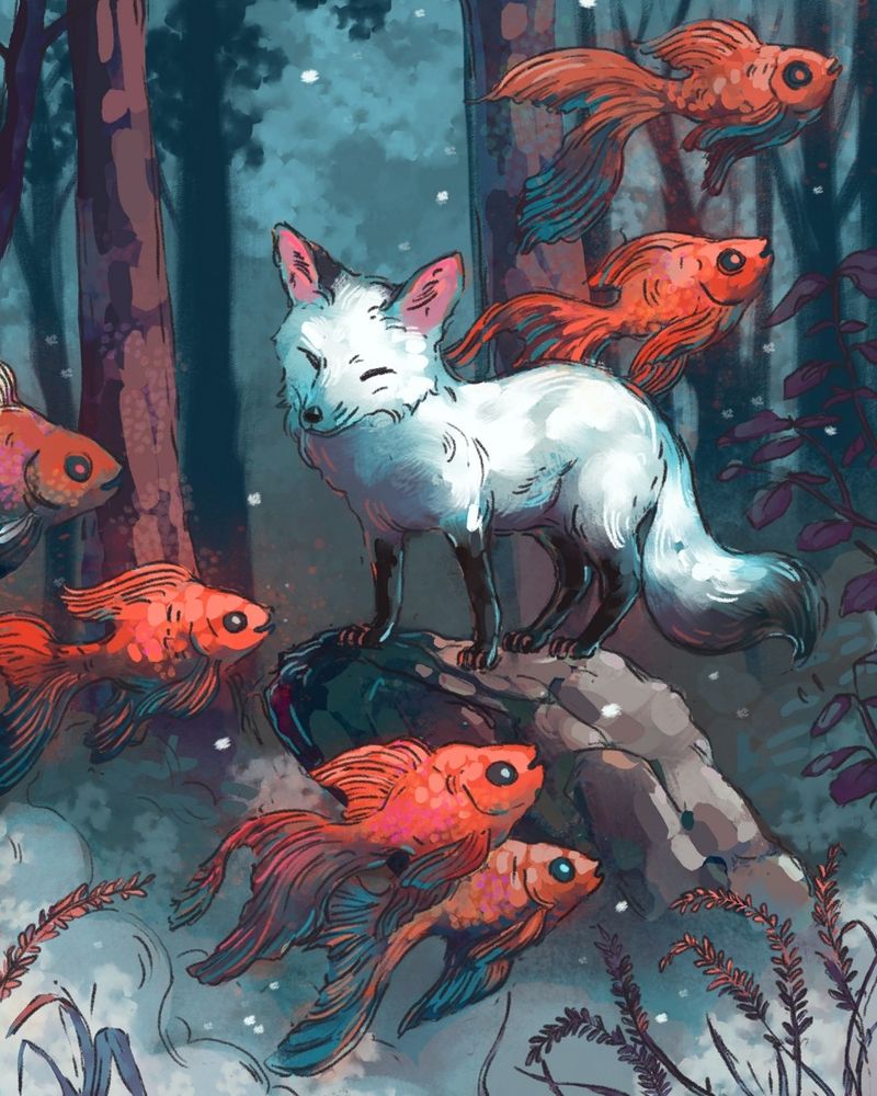 digial illustration set during winter.  A white fox is in the forest standing on a rock.  They are looking down at a small group of gold fishing floating across the screen