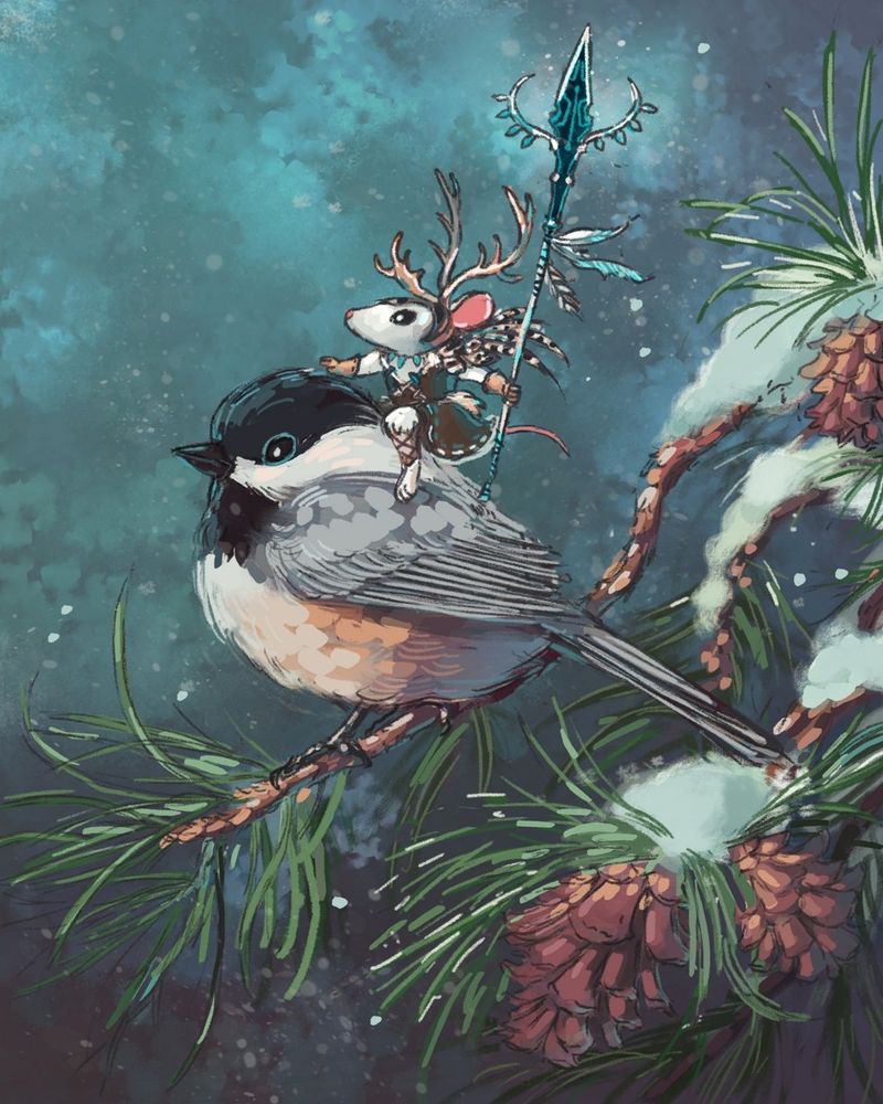 An illustration in a winter setting.  A black capped chickadee is standing on the branch of snow covered pine tree.  On the birds back is a mouse dressed in a brown tunic, a beaded necklace, a boa of small feathers and a horned headpiece.  They are holding a spear.  