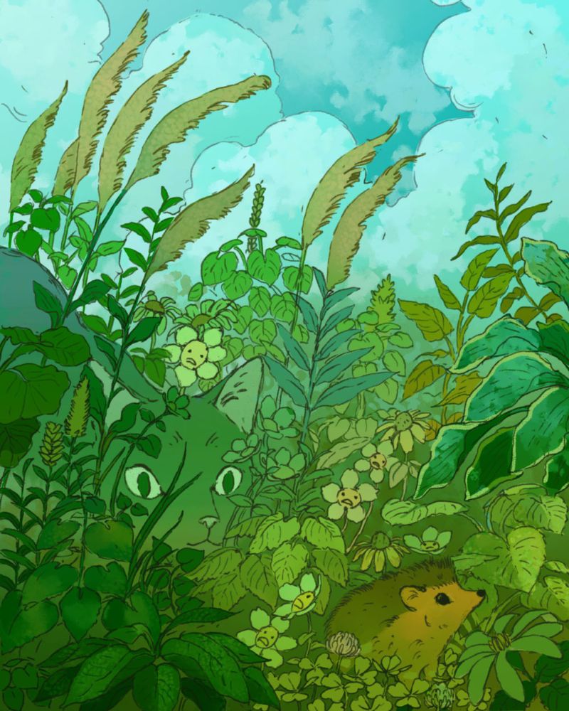 digital illustration of a brown hedgehog foraging through a dense variety of green shrubs flowers and grass.  In the background it is being watched by a grey cat.  