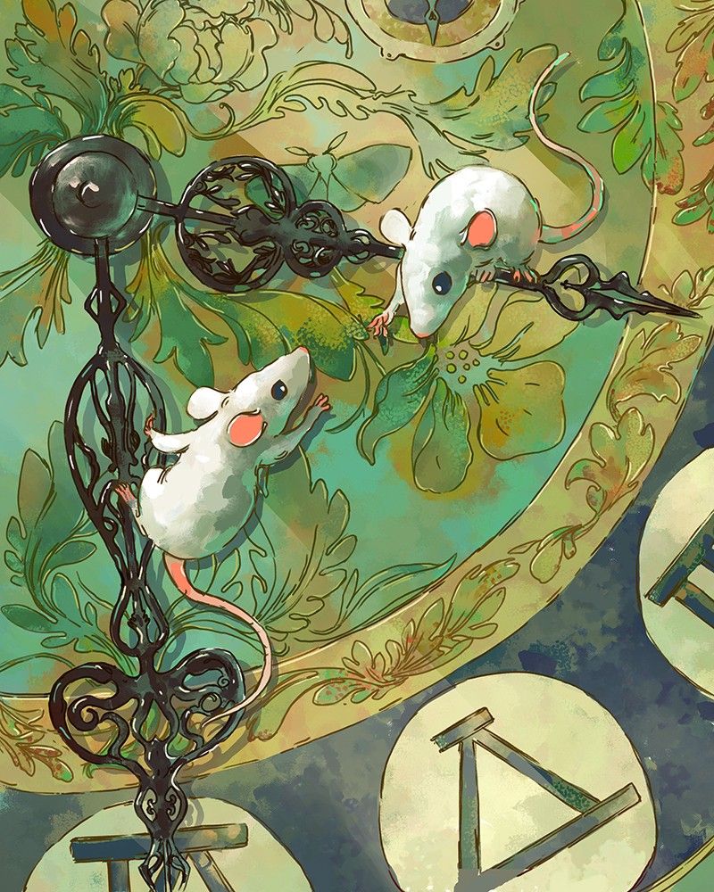 Digial illustration of an ornate clock.  Two white mice are on each of the clocks hands.  They are reaching out for each other as the hands tick away.