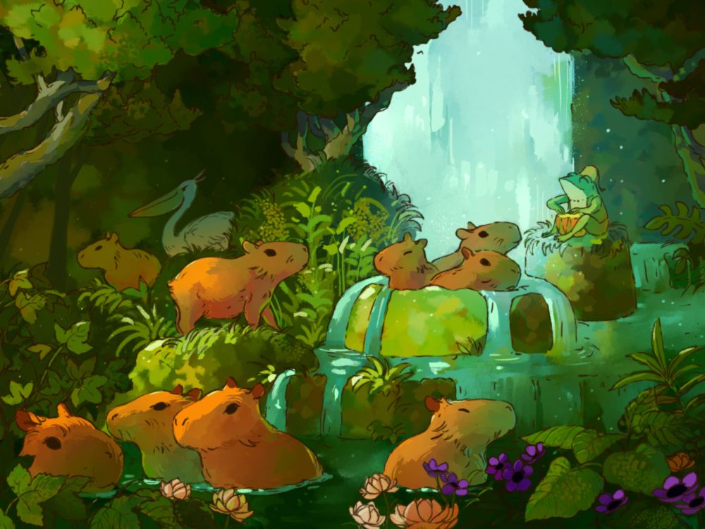 Digital illustration of a grotto filled with capybaras.  In the distance is a bongo playing frog sitting in front of a waterfall.  Flowers can be seen in the foreground.