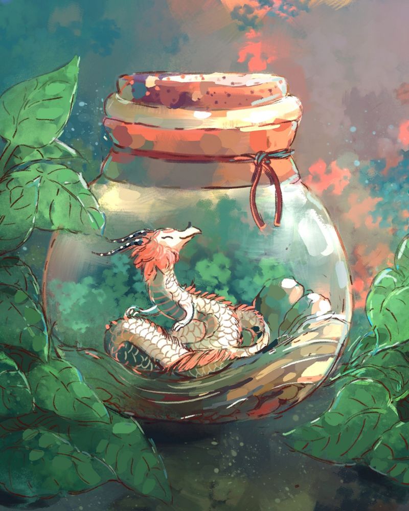 DIgital illustration of a white dragon in a glass jar.  The jar has a leather band and a cork at the top.  Green leaves decorate the edges of the composition.  