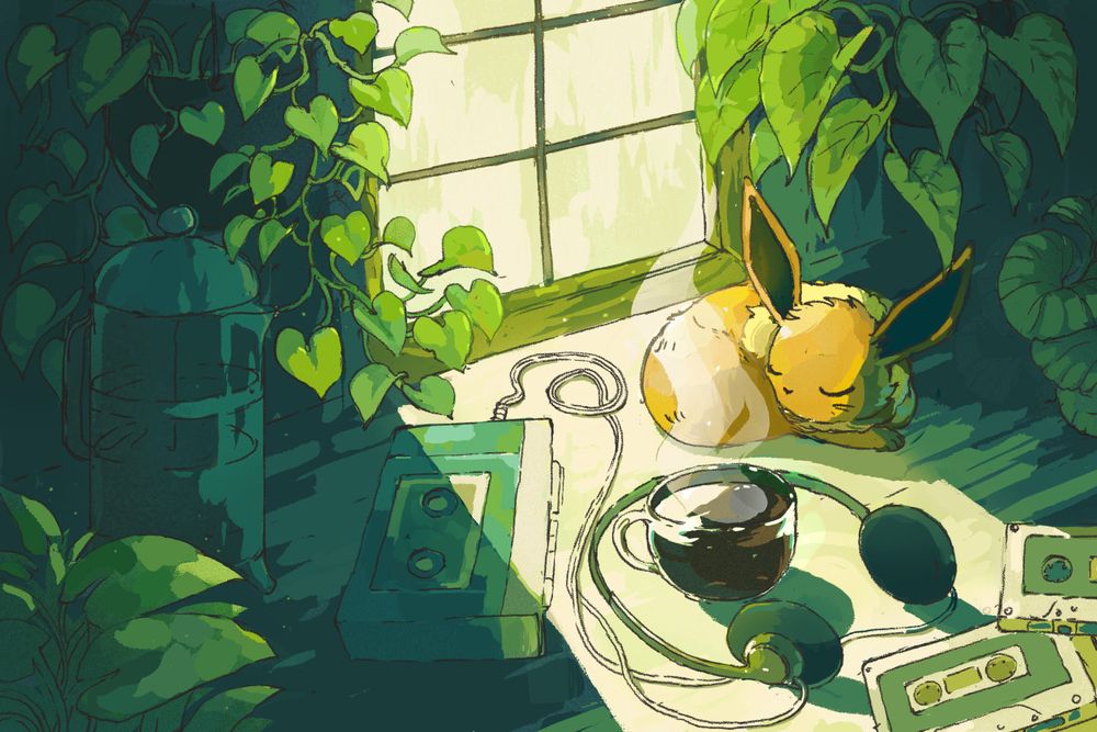 Digital illustration of the Pokemon eevee.  They are sleeping on a desk next to a sunlit window.  On the desk is a walkman along with some cassettes, headphones and a cup of coffee. They are surrounded by various houseplants. 