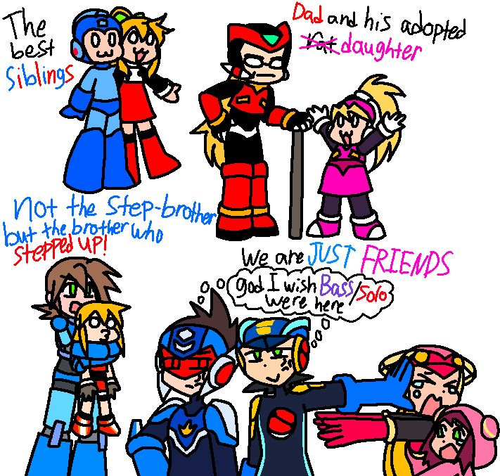 Rock and Roll twin sibling duo. Zero and Ciel father daughter duo. Volnutt and Roll found family/Sibling duo. Aaaaand Megaman.EXE and Geo stelar friendzoning Roll.EXE and Sonia. (Btw rock/roll and zero/ciel sucks ass I hope those ships CRASH BURN AND DIE)