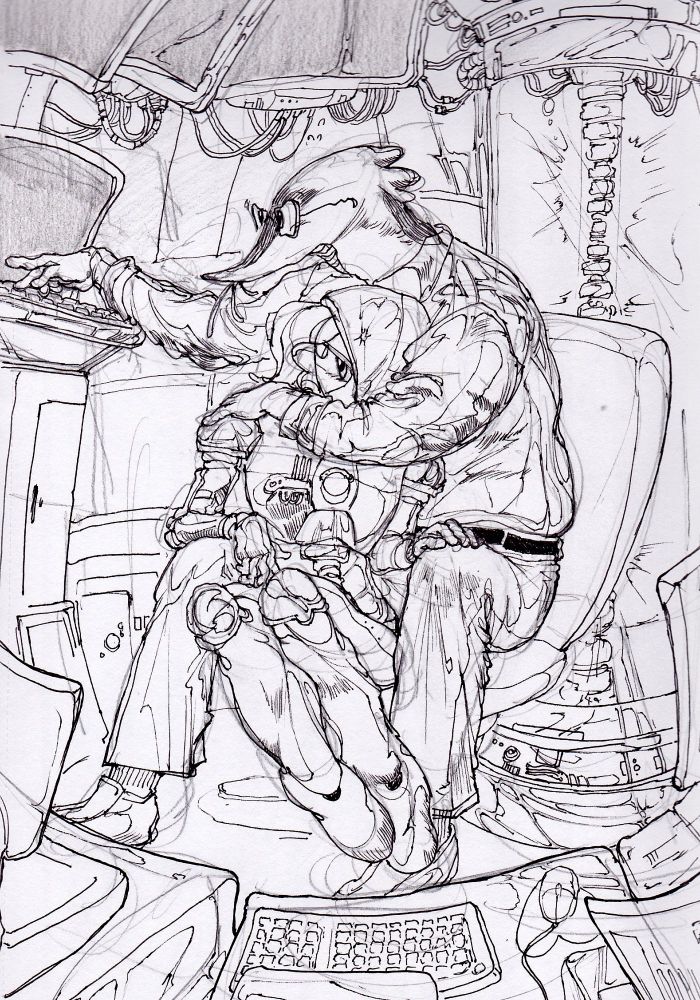 An anthropomorphic sturgeon scientist hugs a robotic octoling who sits between her legs as she types into a computer. The two are surrounded by machinery and computer monitors.