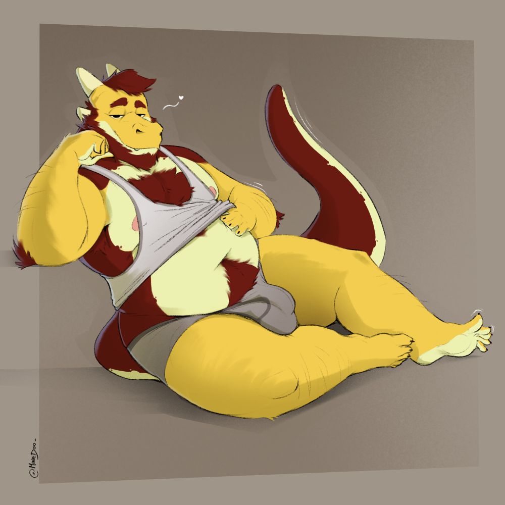 A wingless anthropomorphic dragon man wearing only a tank top and briefs is reclining back. He’s giving a sly grin to the viewer while lifting his poorly-fitting tank top to air out and imply he wants belly rubs.