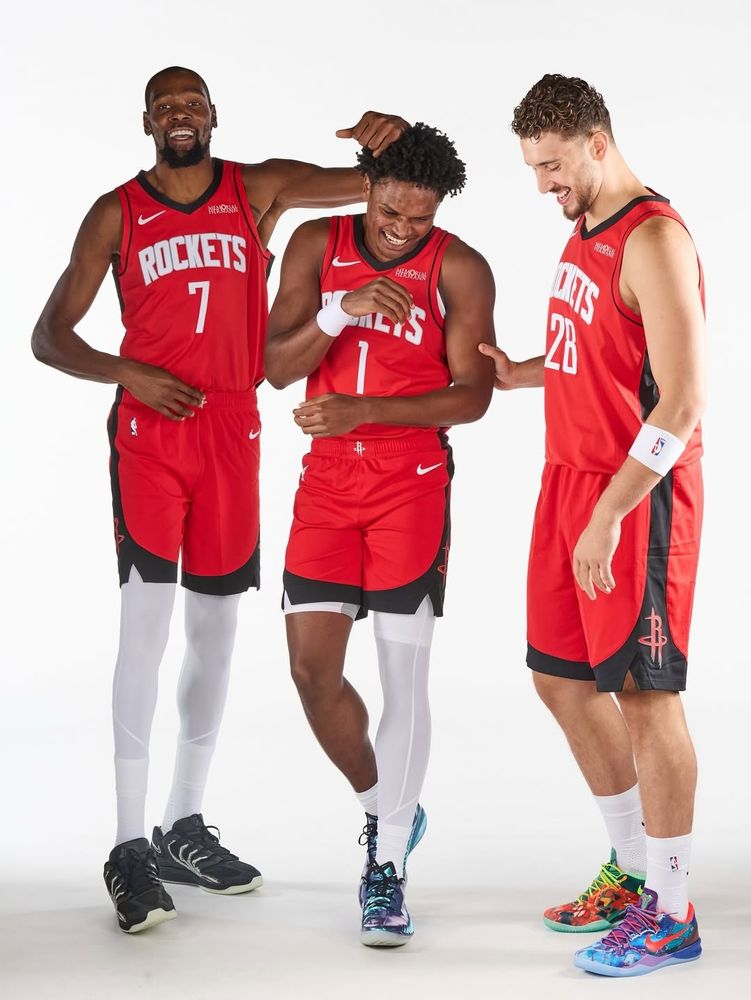 Kevin Durant, Amen Thompson, and Alpren Sengun of the 2025 Houston Rockets