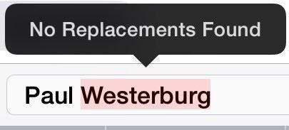 Paul Westerberg's last name misspelled in a search prompt, and when highlighted the search bar says "No Replacements Found"