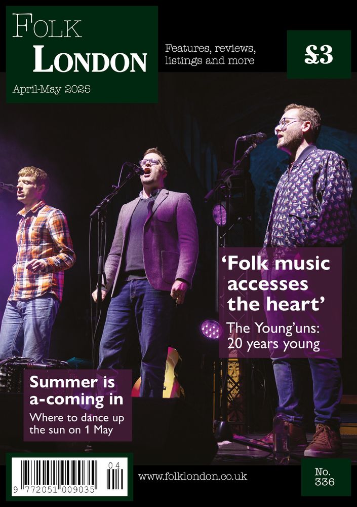 The cover of Folk London magazine. The image shows the Young'uns, three young men, standing in a line on stage singing