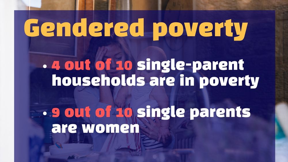 A title that reads:
Gendered poverty

Text below which reads:
• 4 out of 10 single-parent households are in poverty
• 9 out of 10 single parents are women