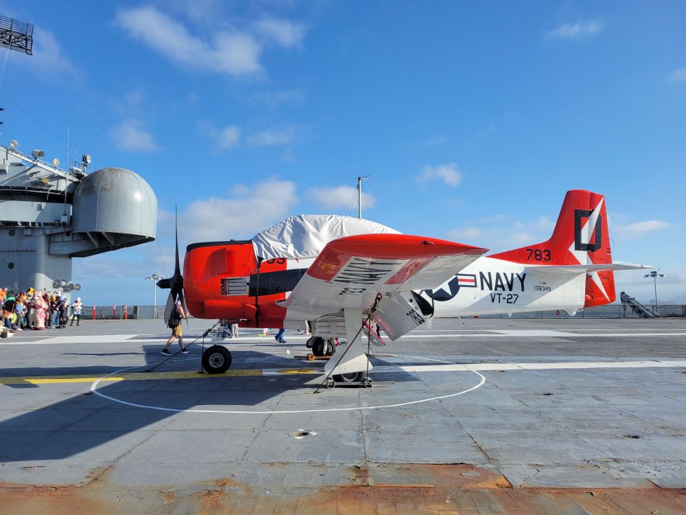 A T-28B training aircraft for the US Navy on the flight deck