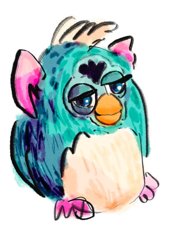 Zeichnung eines Furbys. Gesenkte Augenlider und subtiles Grinsen auf dem runden Schnabel.