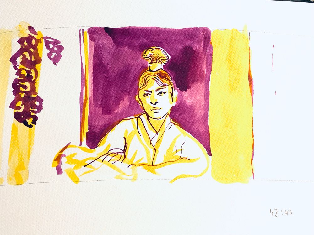 Tuschezeichnung einer Frau mit Haarknoten. Farben violett und gelb.