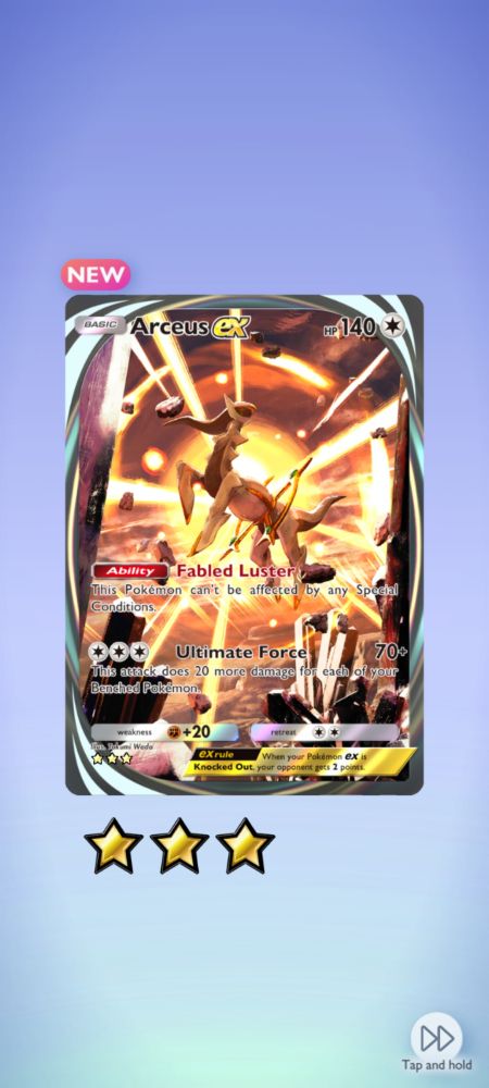 A special 3 star Arceus ex being obtained in Pokémon TCG Pocket. 
