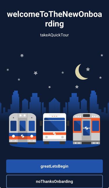 the front page of the SEPTA app, reading “welcomeToTheNewOnboa\rding // takeAQuickTour”. buttons on the bottom reading “greatLetsBegin” and “noThanksOnbarding” (sic). 