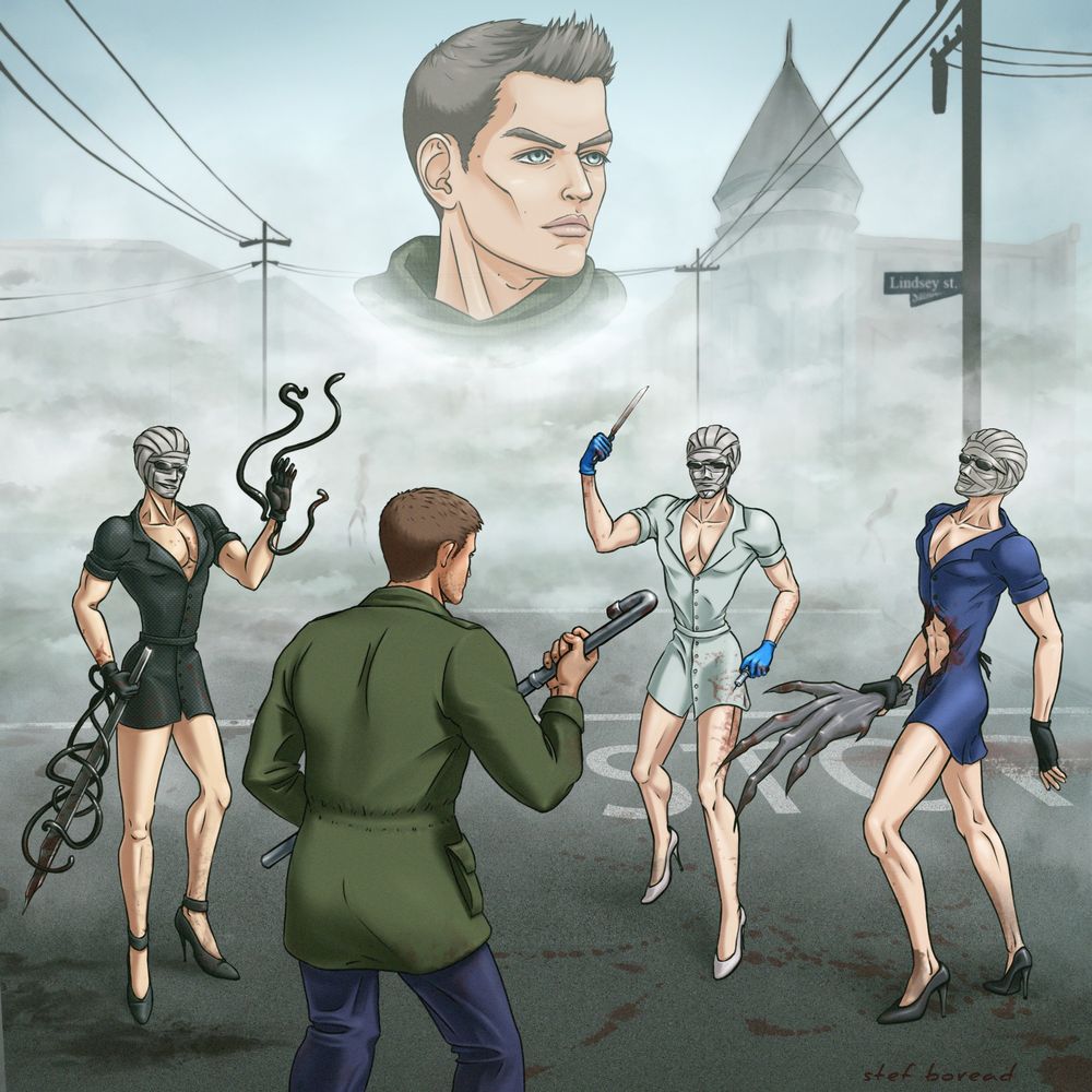 RE's Chris Redfield as James Sunderland is surrounded by three Wesker nurses trying to kill him. And in the sky above the foggy Silent Hill, we can see Chris's dead partner, Piers Nivans, who, like Mary, is waiting somewhere beyond for his captain.