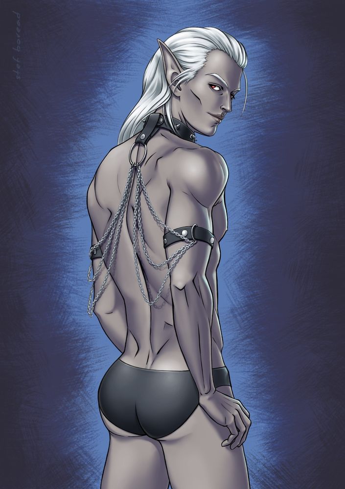 A handsome drow man with white hair and scarlet eyes stands with his back to the viewer in his underwear, showing off an accessory with thin chains from armbands to a collar