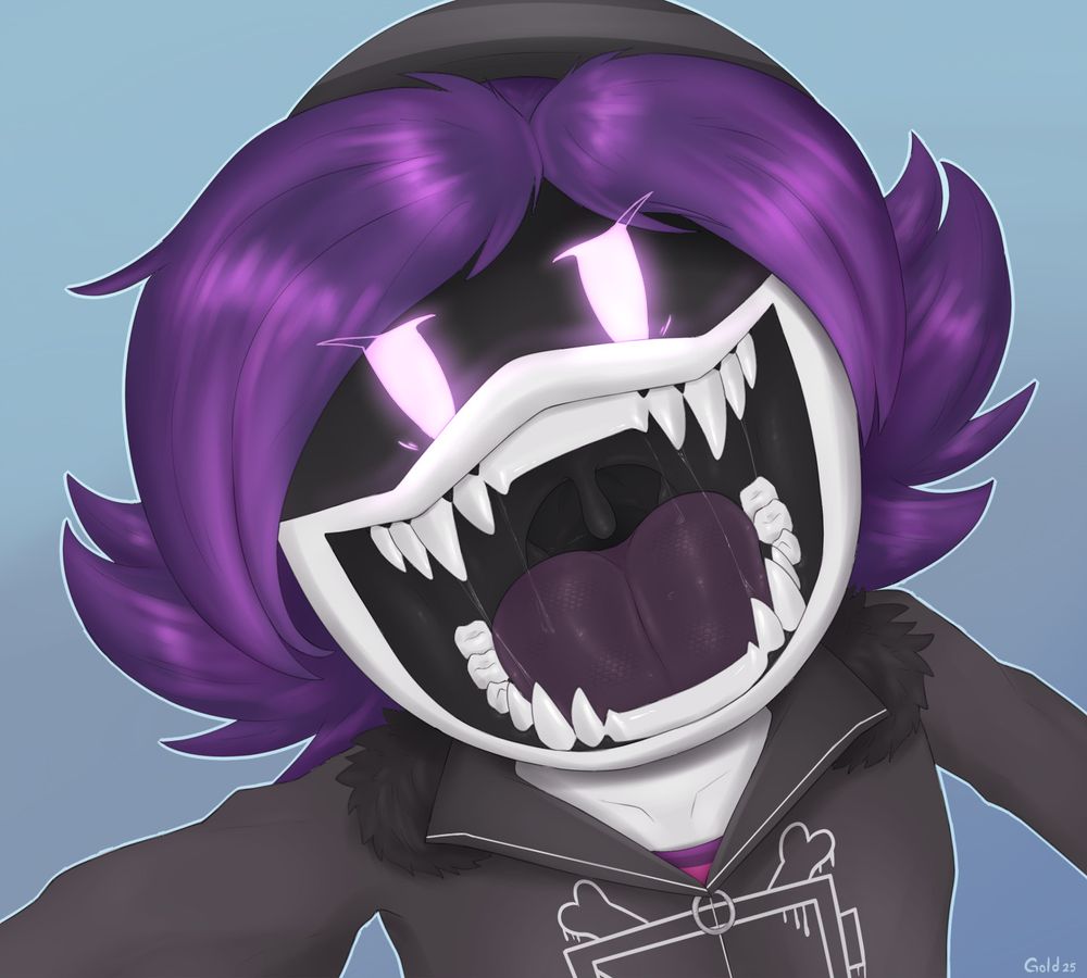 Uzi from Murder Drones looking at the viewer, apparently held by her and much smaller. She has her mouth wide open showing her purple tongue and sharp teeth as well her throat, with a mischievous grin. 