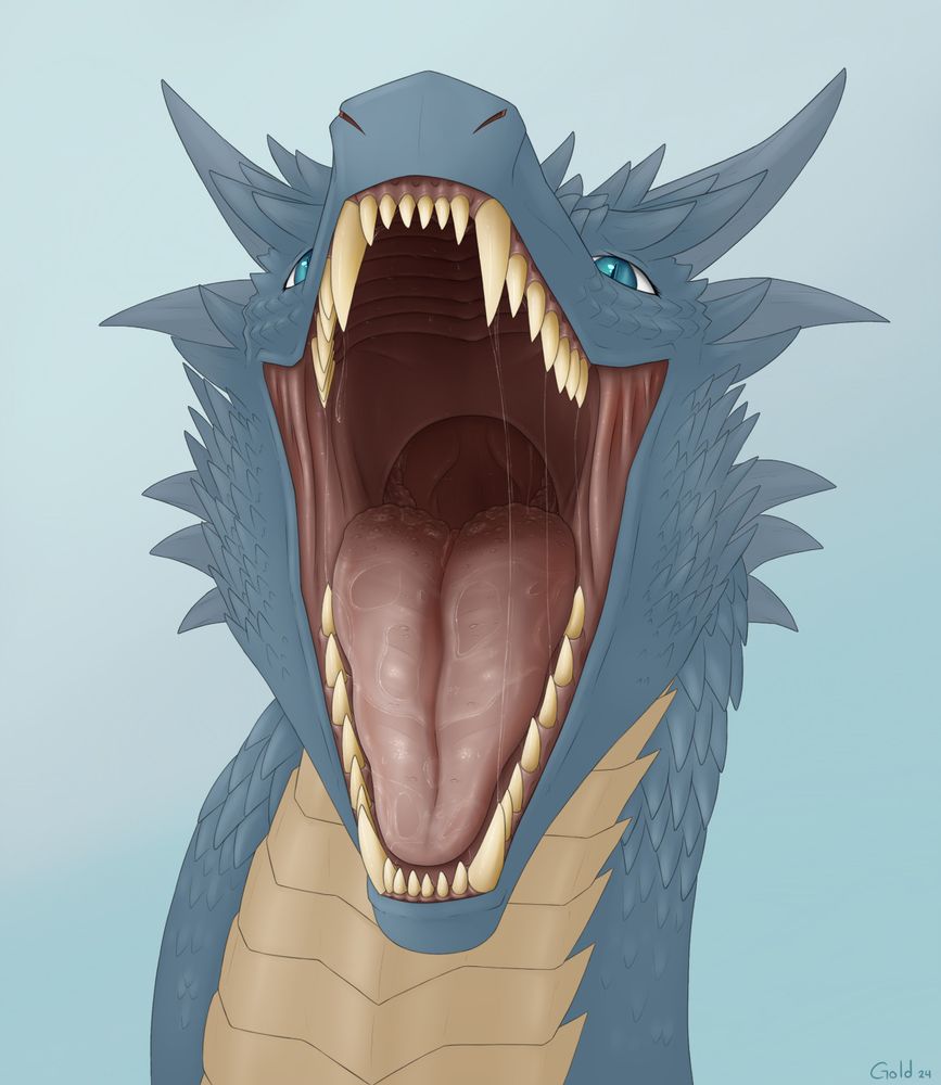 Saphira, the dragon from Eragon, showing off her mouth to someone, which can be seen with multiple sharp teeth, a wide tongue, saliva and her throat at the back. 
