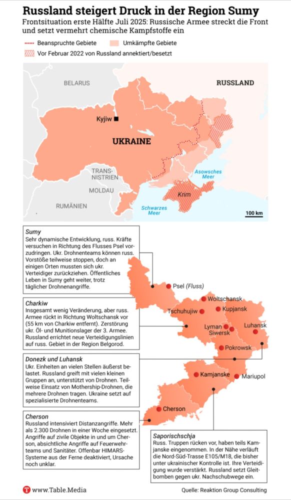 Die Karte zeigt östliche Gebiete der Ukraine und die aktuelle militärische Lage. Russland streckt die Front, indem es sehr breit angreift und dadurch ukrainische Kräfte überfordert.