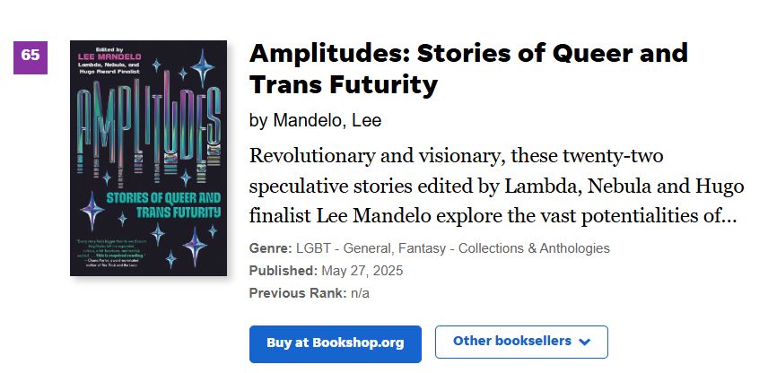 We are floored in the best way: AMPLITUDES: An Anthology of Queer & Trans Futurity is a USA Today Bestselling book! We are THRILLED for @dianapho.bsky.social, @leemandelo.bsky.social, and all of our amazing contributors, and so happy to see queer &trans art supported now more than ever! 