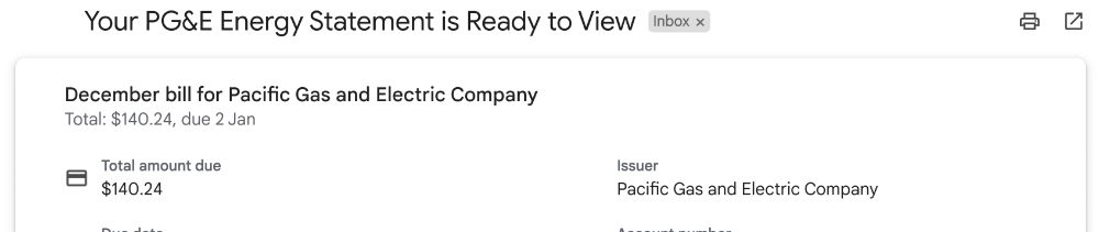 Screenshot of PG&E email bill of $140.24