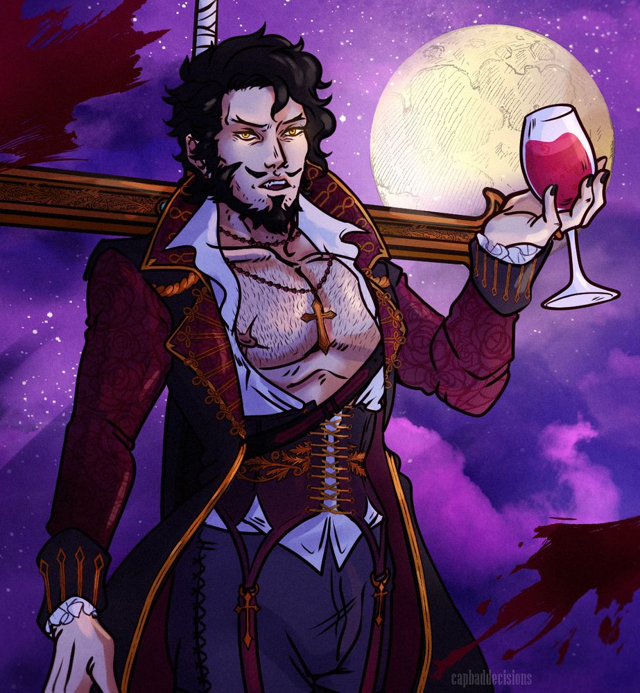 Sigital art of Dracule Mihawk from One Piece, holding a glass of wine and carrying Yoru on his back. his outfit is stylized to something akin of a romantic gothic style, his hair wavy and slightly longer the usual. He has subtle top surgery scars, stylized in the shape of a cross, keeping with the theme. Behind him is the purple night sky with a big yellow full moon.