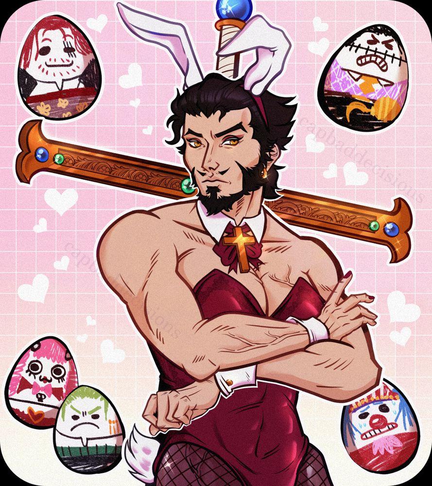 Art of Mihawk from One Piece wearing a red (wine colored) bunny suit with white ears and a cross handing over his bow tie. He has his arms folded and doesn't seem amused, but not irritated. He's carrying Yoru on his back. In the background, there are white eggs crudely painted as the characters: Shanks, Sir Crocodile, Perona, Zoro and Buggy.