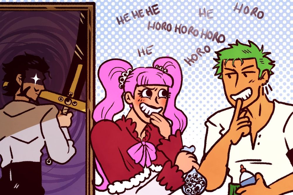picture of perona and zoro trying to hold back laughter, perona is holding a bag of googly eyes and zoro is holding a glue bootle. in the background, through the door to the previous room, mihawk is looking over his shoulder, sensing the other two.