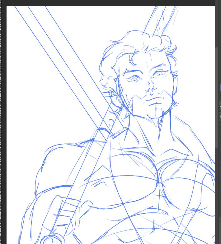 sketch of dracule mihawk from one piece, holding yoru over his shoulder and looking down. it's a very rough sketch with blue lines