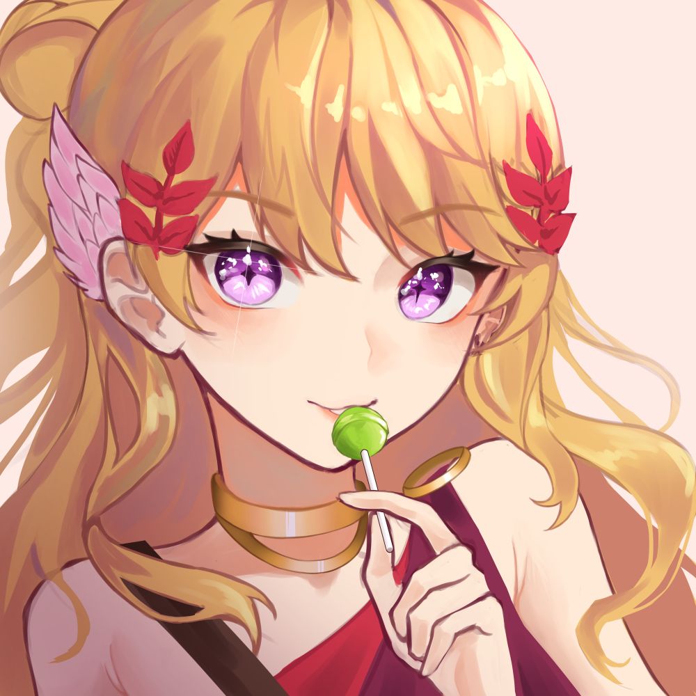 Head shot art of Hermes. They are holding a green lollipop to their lips 