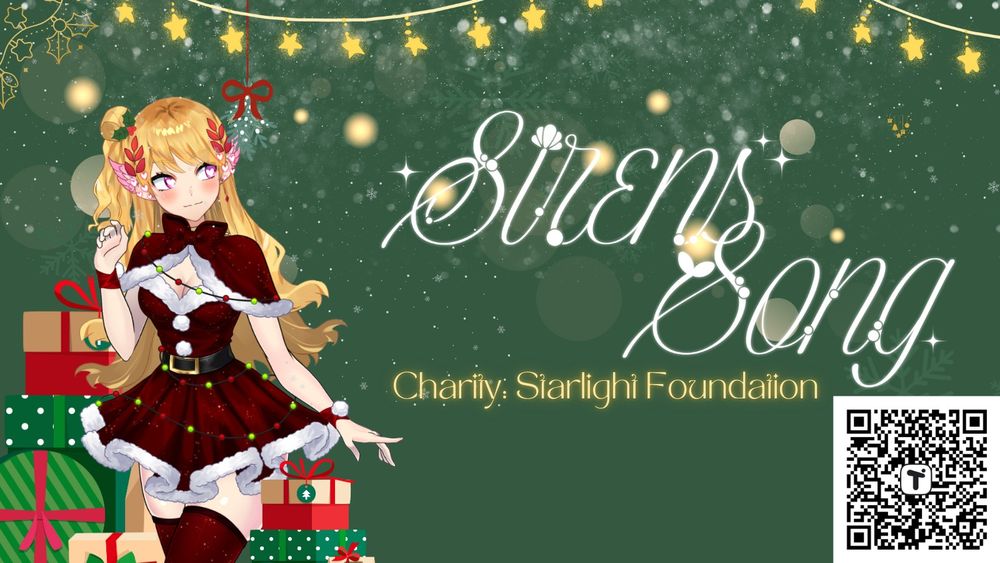 A graphic for sirens song caroling for the Starlight Children's Foundation. It shows Hermes on the left side in a red Christmas dress surrounded by presents. There is a QR code that links to the donation link