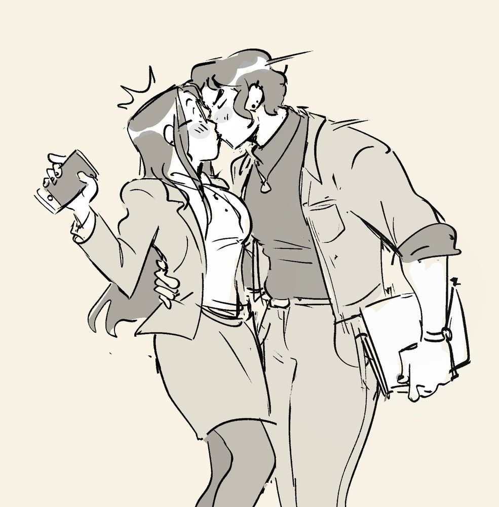 A feminine genderbend of Shen Qingqiu and Luo Binghe set in a modern world. SQQ is wearing a business suit while Binghe is in casual clothes. Binghe pulls SQQ into a kiss, much to her surprise.