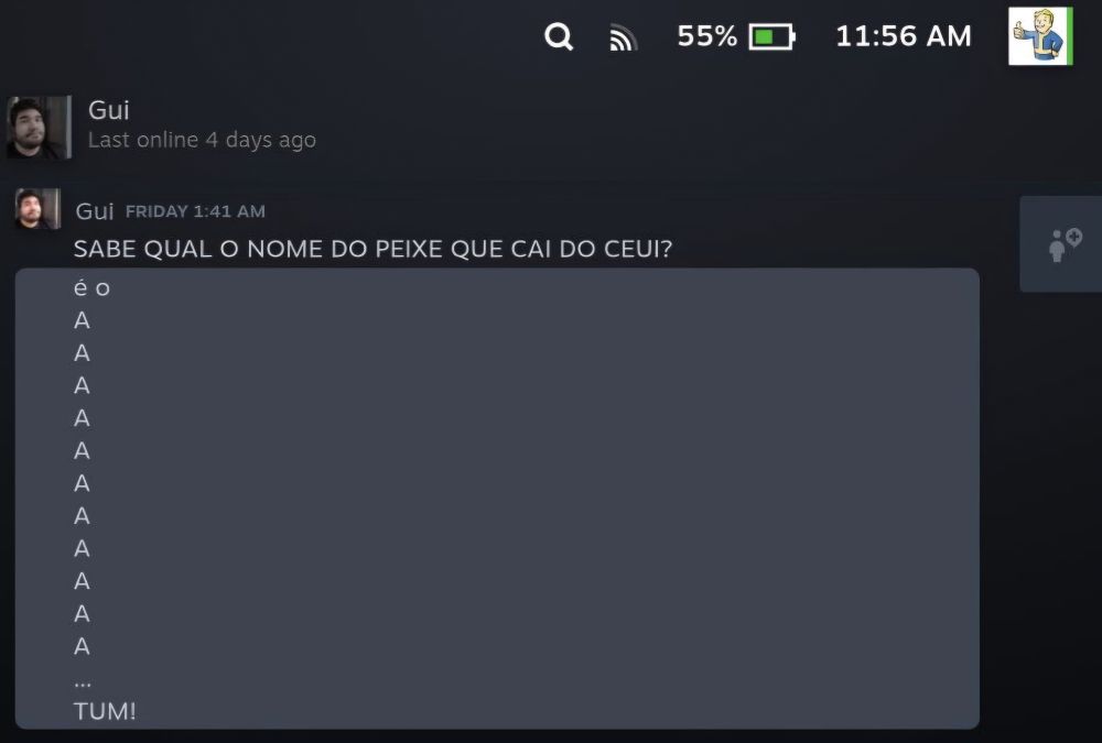 Mensagem recebida na Steam. "SABE QUAL O NOME DO PEIXE QUE CAI DO CÉU!? É o A A A A A A A A A A A A A... TUM!"