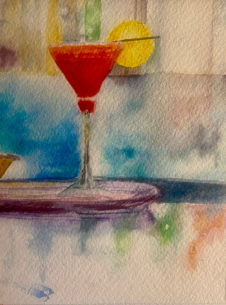 Loose watercolor of a cocktail on a tray. blues, reds are dominant. Touched of green, yellow & purple 