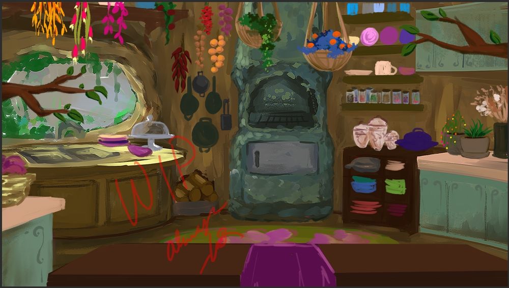A colorfully digitally painted kitchen located in a hollowed out tree