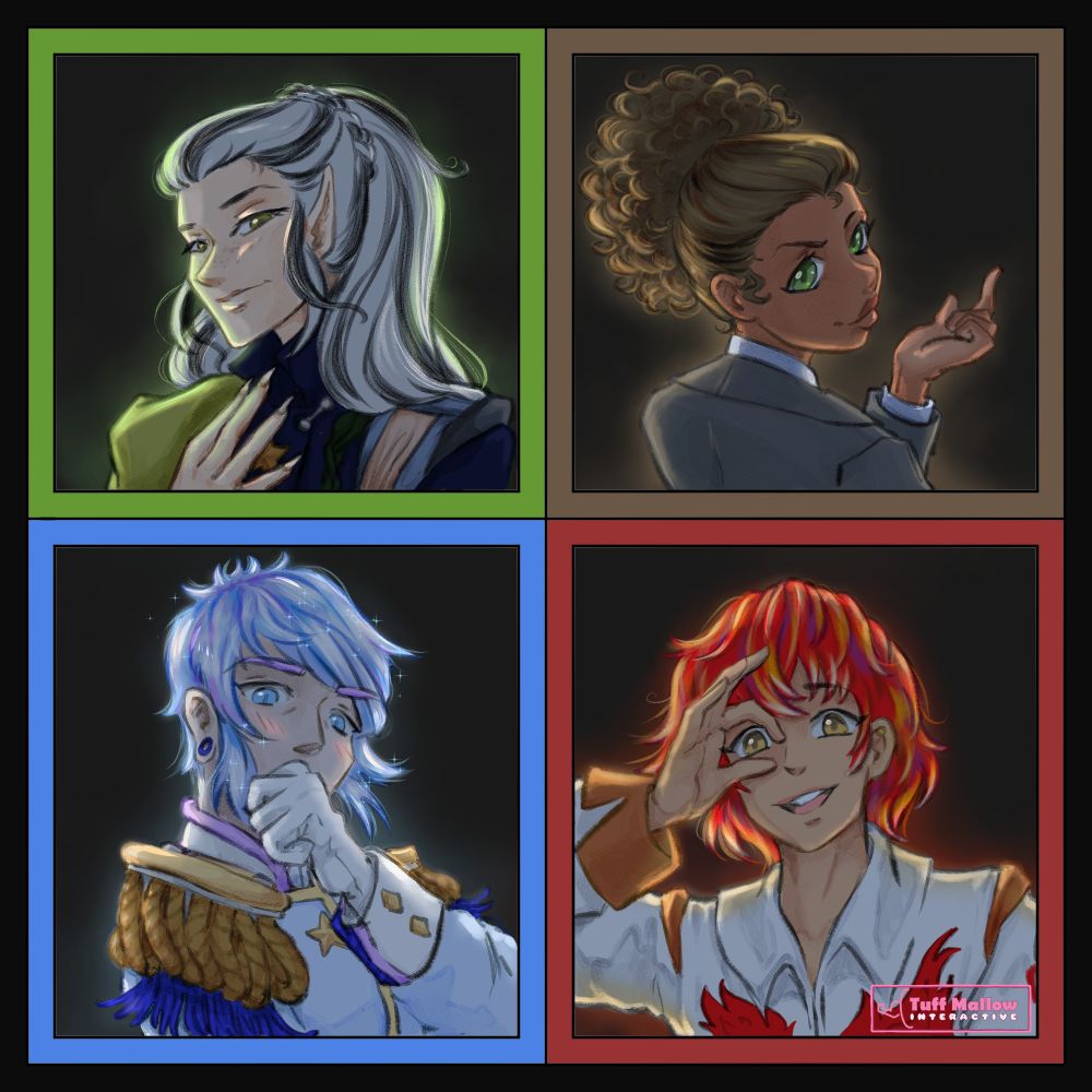 Image of the love interests and MC of The Closet Door Otome:
Faun(MC) in brown, Octavius in green, Levi in blue, Arun in red