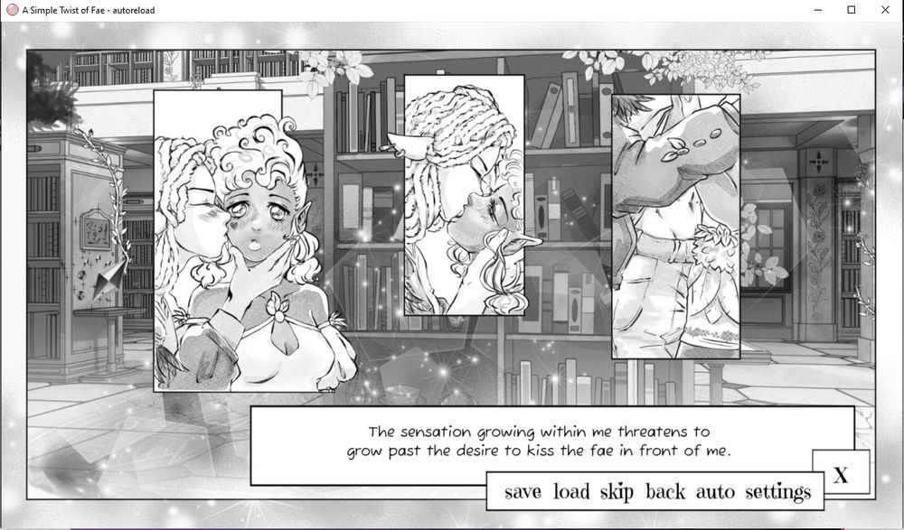 Screenshot of A Simple Twist of Fae featuring three panels over a background and dialog in the text box 