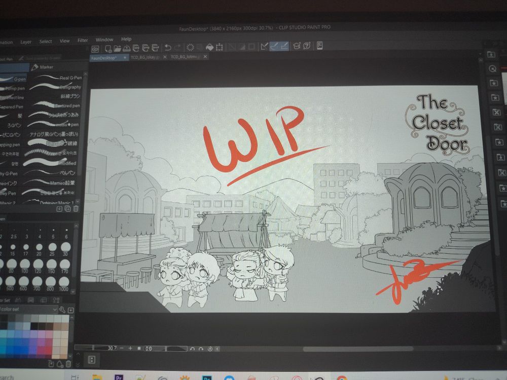 A grayscale image with scene broken up into values. Chibi characters from The Closet Door otome are shone in the lightest value

