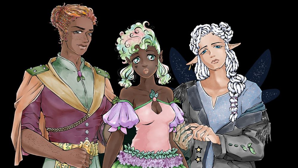From left: Night, Kalaira and Nuri- the MC and love interests in A Simple Twist of Fae 