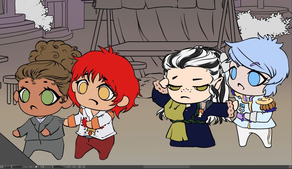Wip closeup featuring chibi versions of Faun, Arun, Octavius and Levi from The Closet Door- a visual novel