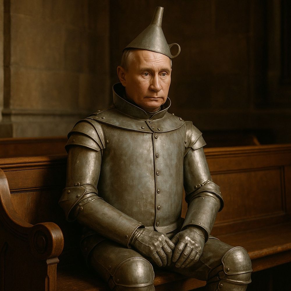 Vladimir Putin dressed as the tin man from "The Wizard of Oz" sat on a church pew