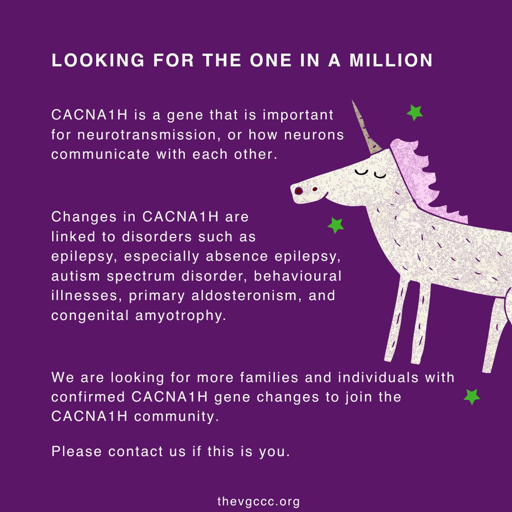 Purple background graphic with the heading “LOOKING FOR THE ONE IN A MILLION” in bold white text. The text explains that CACNA1H is a gene that is important for neurotransmission, or how neurons communicate with each other. Changes in CACNA1H are linked to disorders such as epilepsy, especially absence epilepsy, autism spectrum disorder, behavioural illnesses, primary aldosteronism, and congenital amyotrophy. The graphic encourages individuals or families with confirmed CACNA1H diagnoses to contact the organisation to join the CACNA1H community. On the right side is a whimsical illustration of a sparkly unicorn with a purple mane and green stars around it. Website at the bottom: thevgccc.org.
