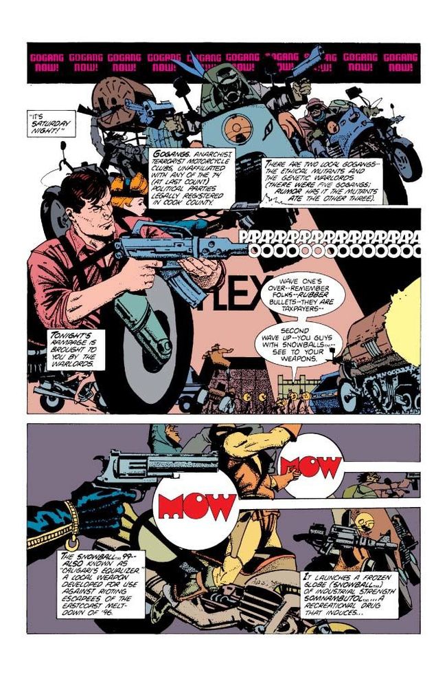 A page from Howard Chaykin's American Flagg with Ken Bruzenak's sfx lettering for the guns:
PAPAPAPAPA
OOOOOOOO
MOW MOW
