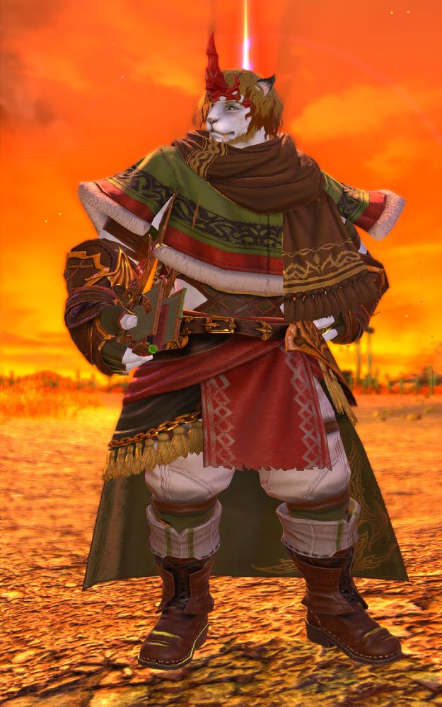 My hrothgar Warrior of Light, Ez, posing on the lv.80 dungeon "Pagl'than" while wearing the lv.100 artifact armor & weapon of Summoner.