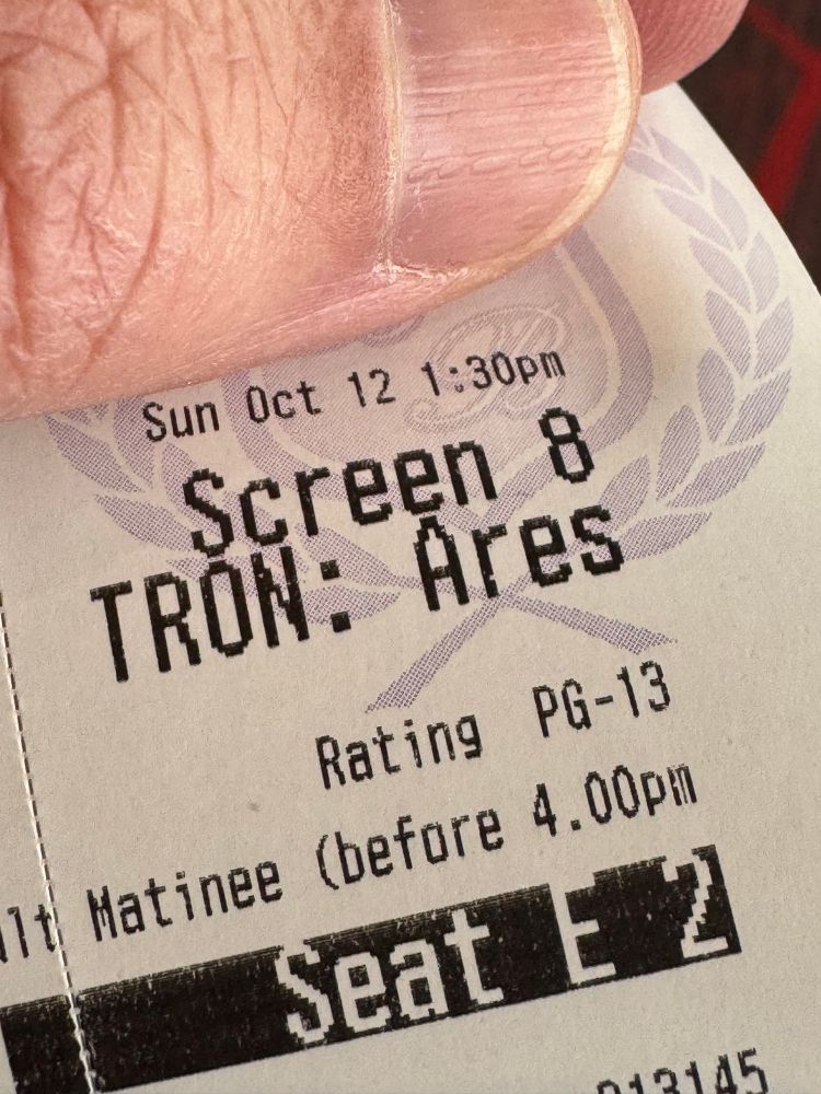 A ticket stub to the 2025 film Tron:Ares.