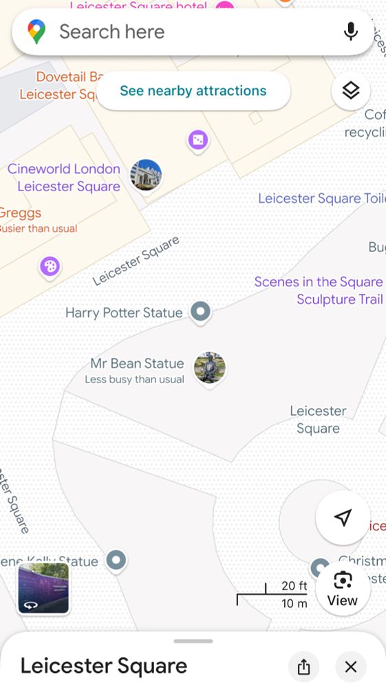 Screenshot of Google maps, showing Leicester Square in London’s glittering West End. It is centred on “Mr Bean Statue” in the northwest corner of the park, which Google claims is “less busy than usual”