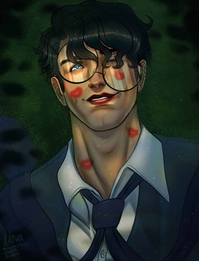 Clark Kent laying in the grass with kiss marks on his face and his glasses disheveled 