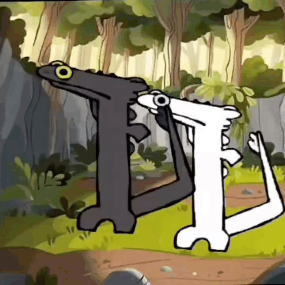 a black and white cartoon character standing next to each other with trees in the background